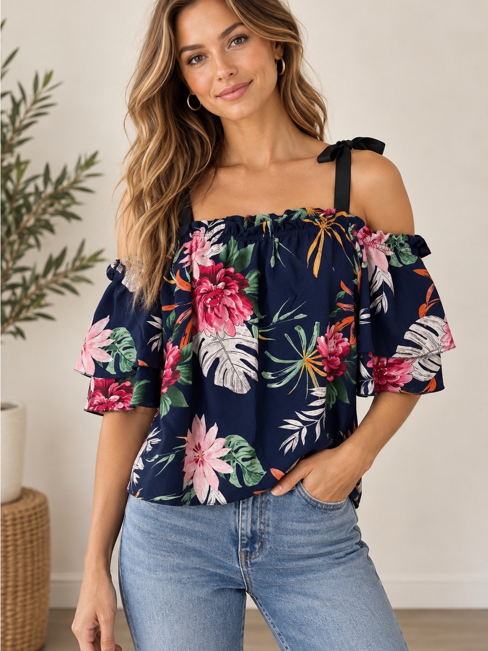 Bonded USA Floral Off Shoulder Tie Strap Ruffle Tropical Blouse Medium